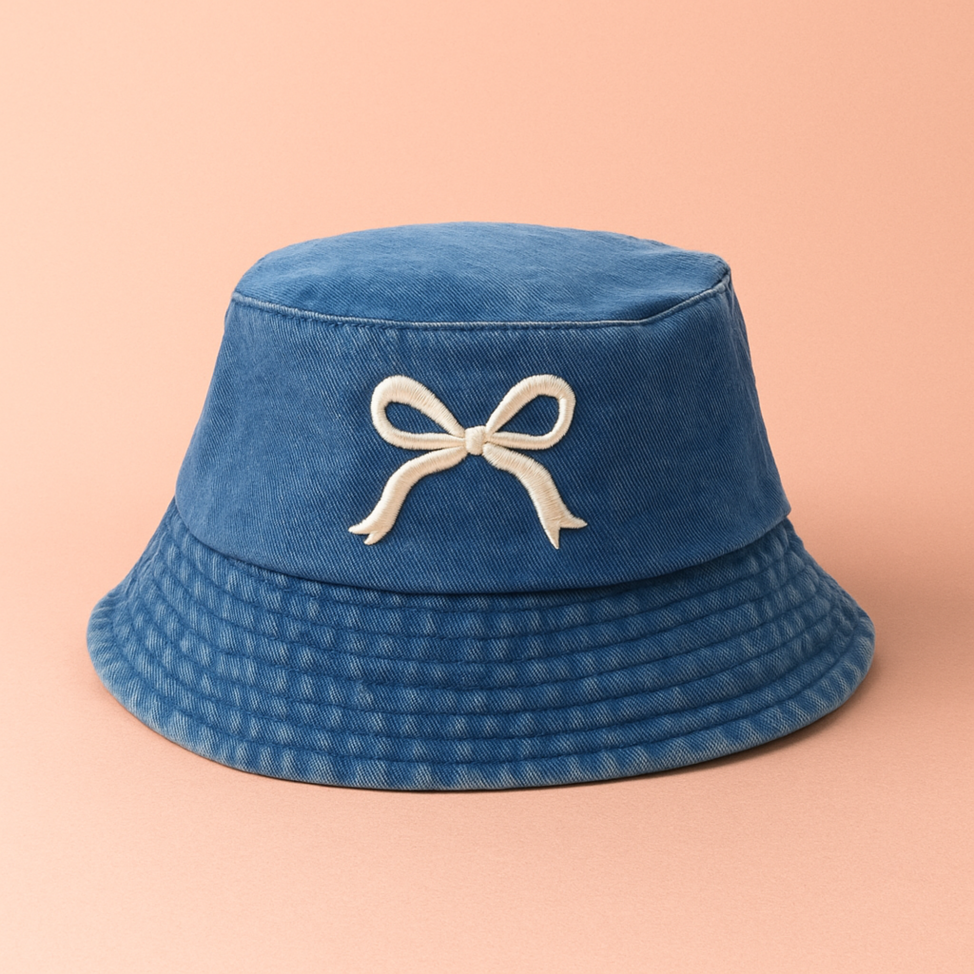 White Embroidered Bow Bucket Hat