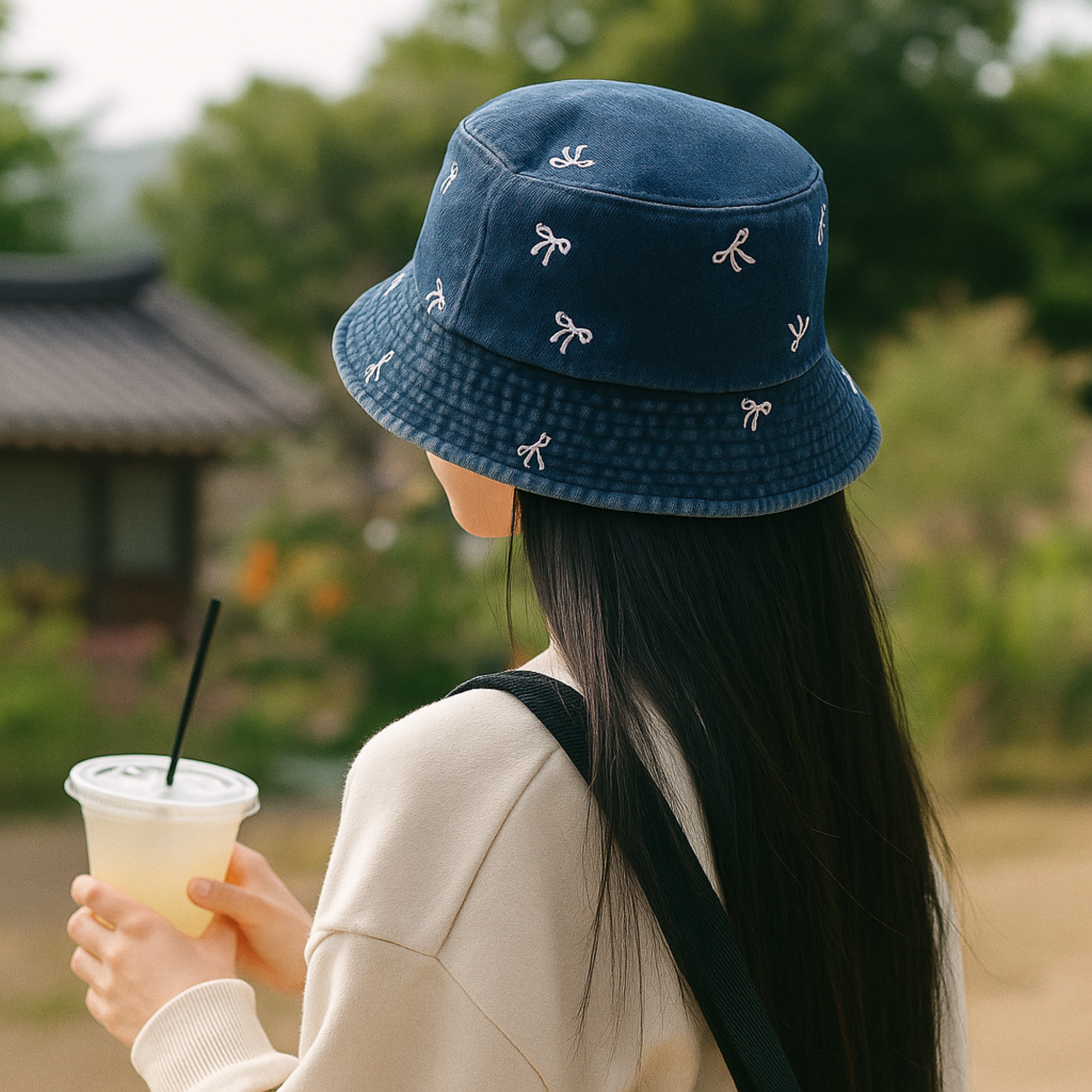 Dark Blue Bucket Hat with Bows