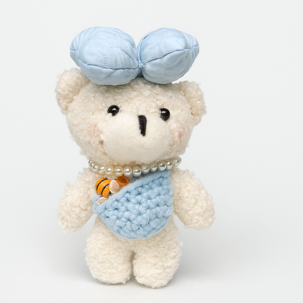 White Teddy Blue Crochet and Bow Plushie Keyring