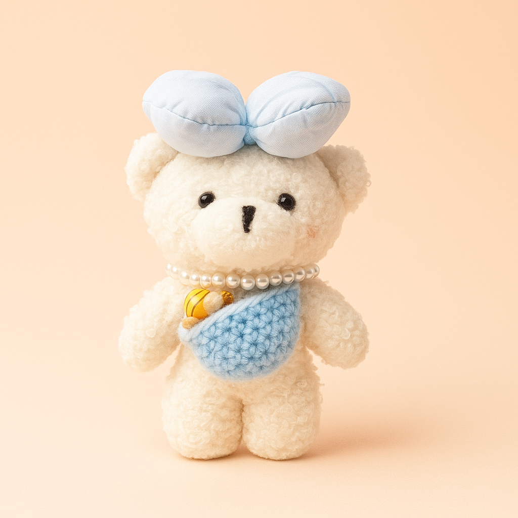 White Teddy Blue Crochet and Bow Plushie Keyring