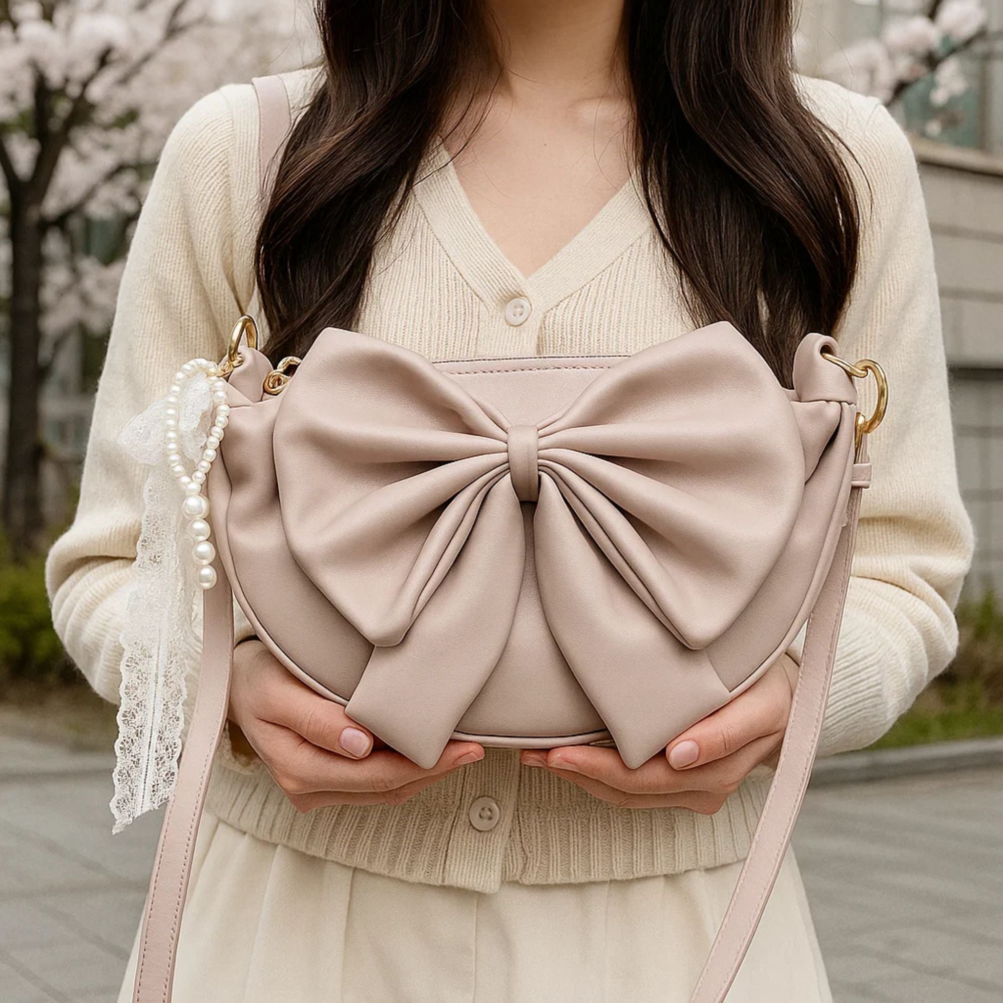 Round Bow Sling Bag - Beige