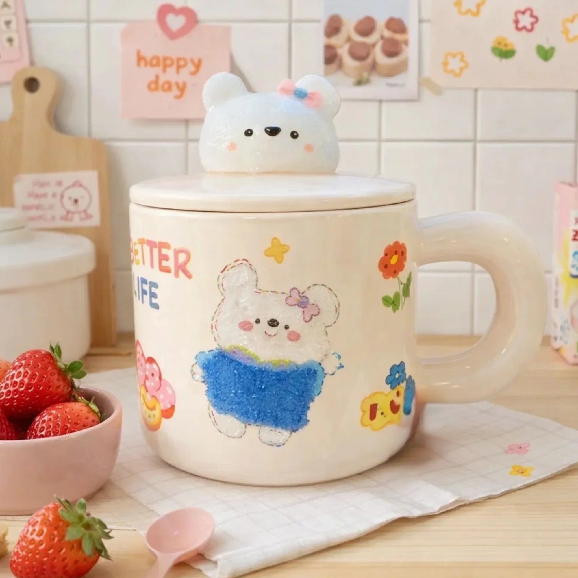 White Bunny Ceramic Cup with Bunny Handle Lid