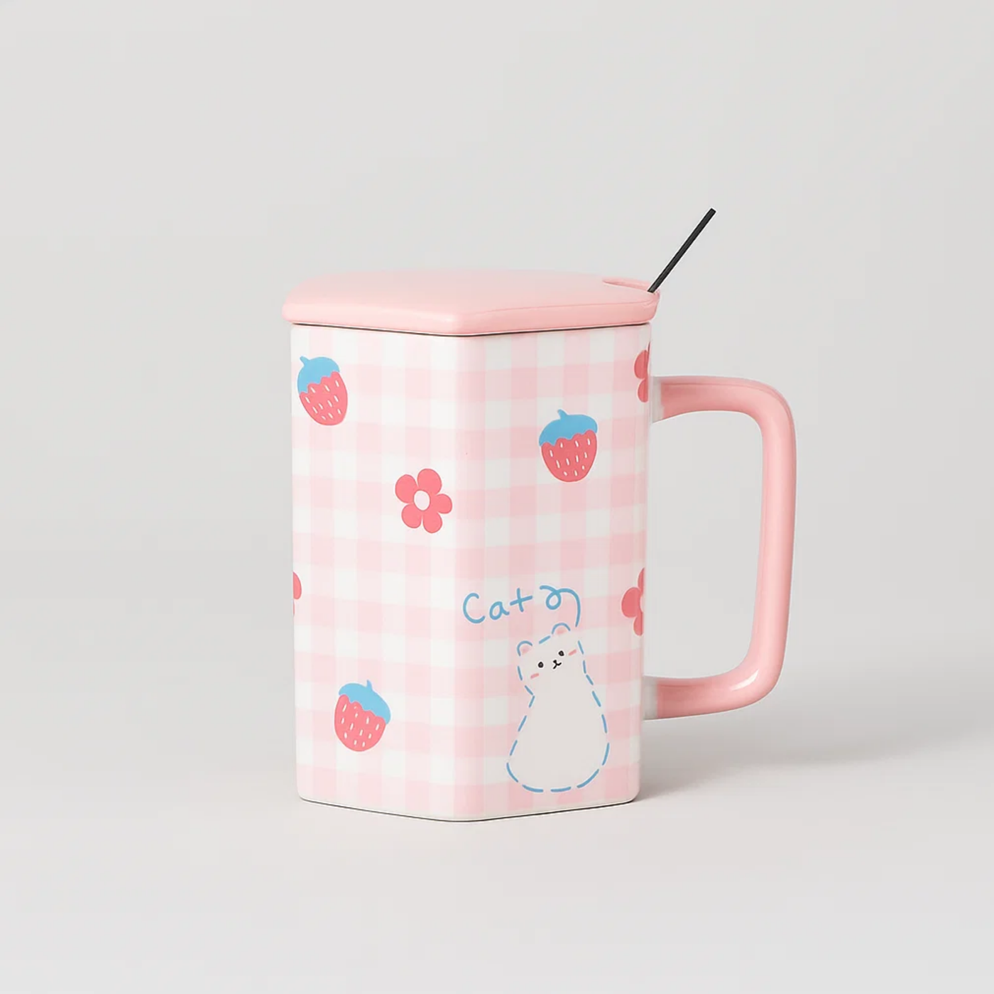Checkered Ceramic Mug with Spoon Pink
