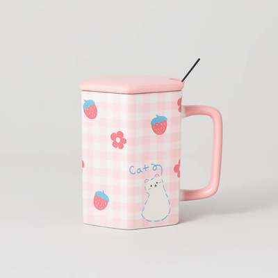 Checkered Ceramic Mug with Spoon Pink