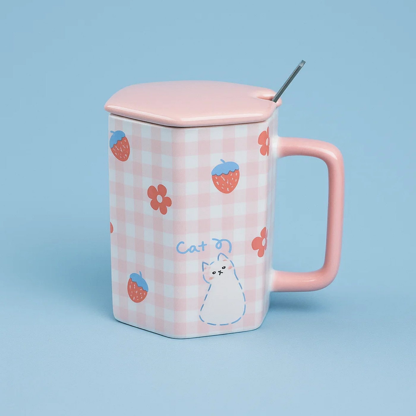 Checkered Ceramic Mug with Spoon Pink