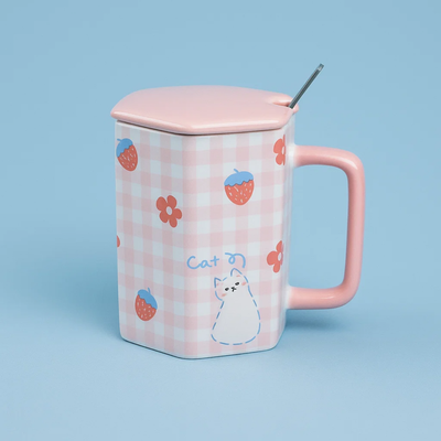 Checkered Ceramic Mug with Spoon Pink