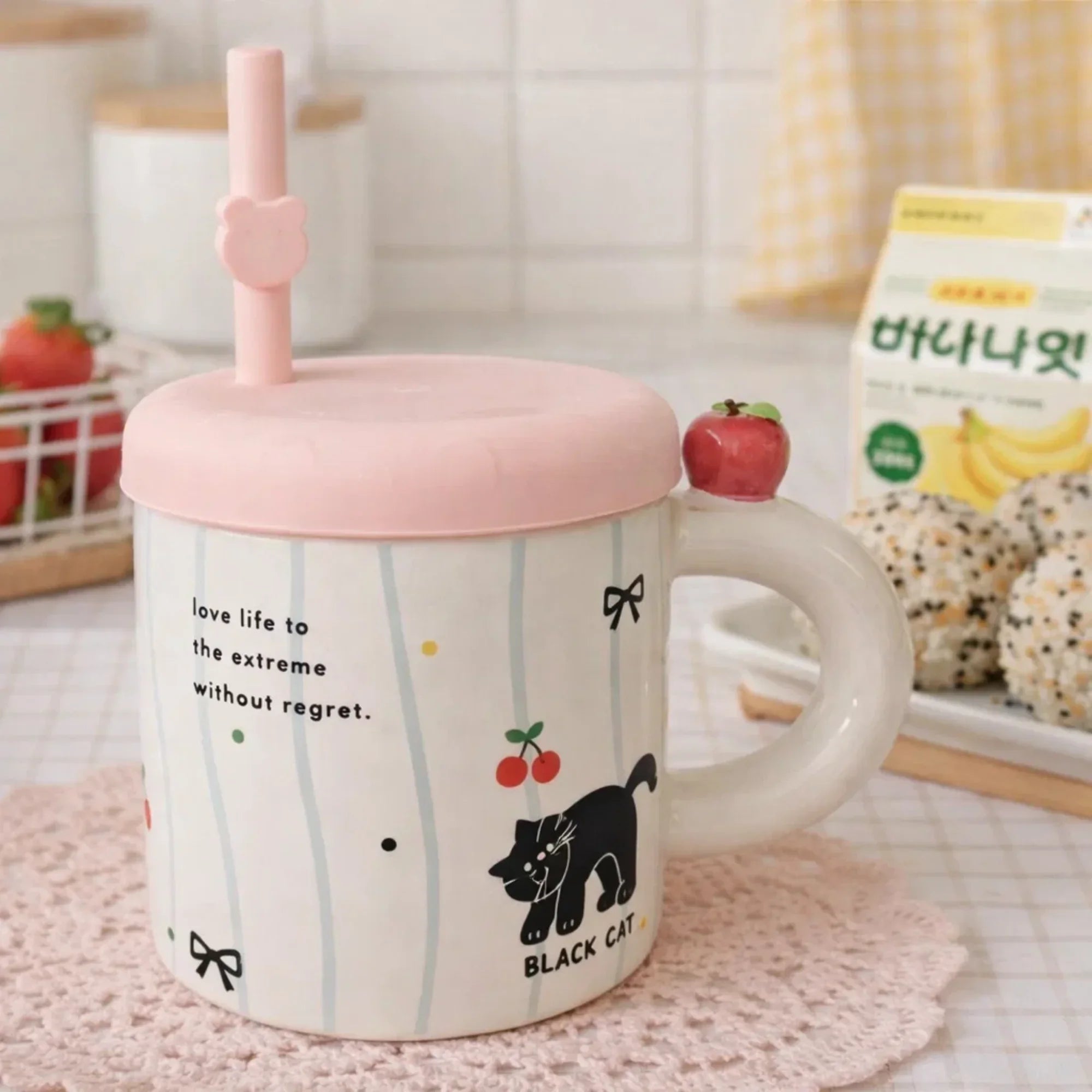 Ceramic Black Cat Mug Pink