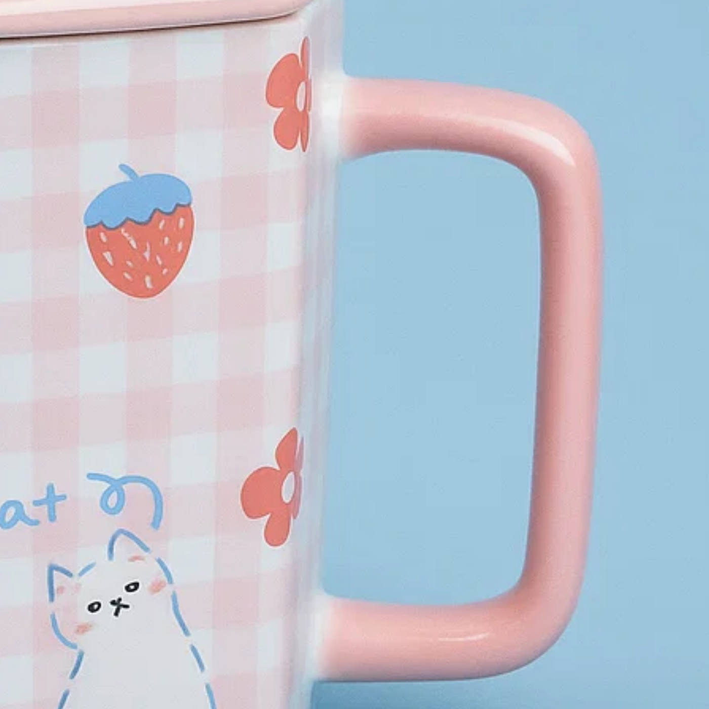 Checkered Ceramic Mug with Spoon Pink