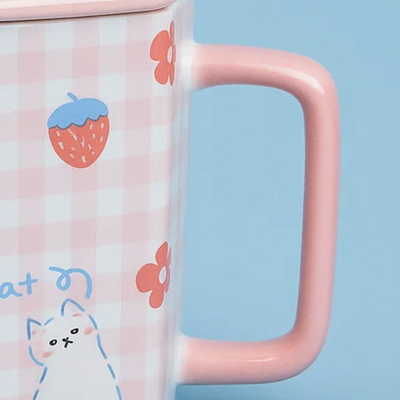 Checkered Ceramic Mug with Spoon Pink