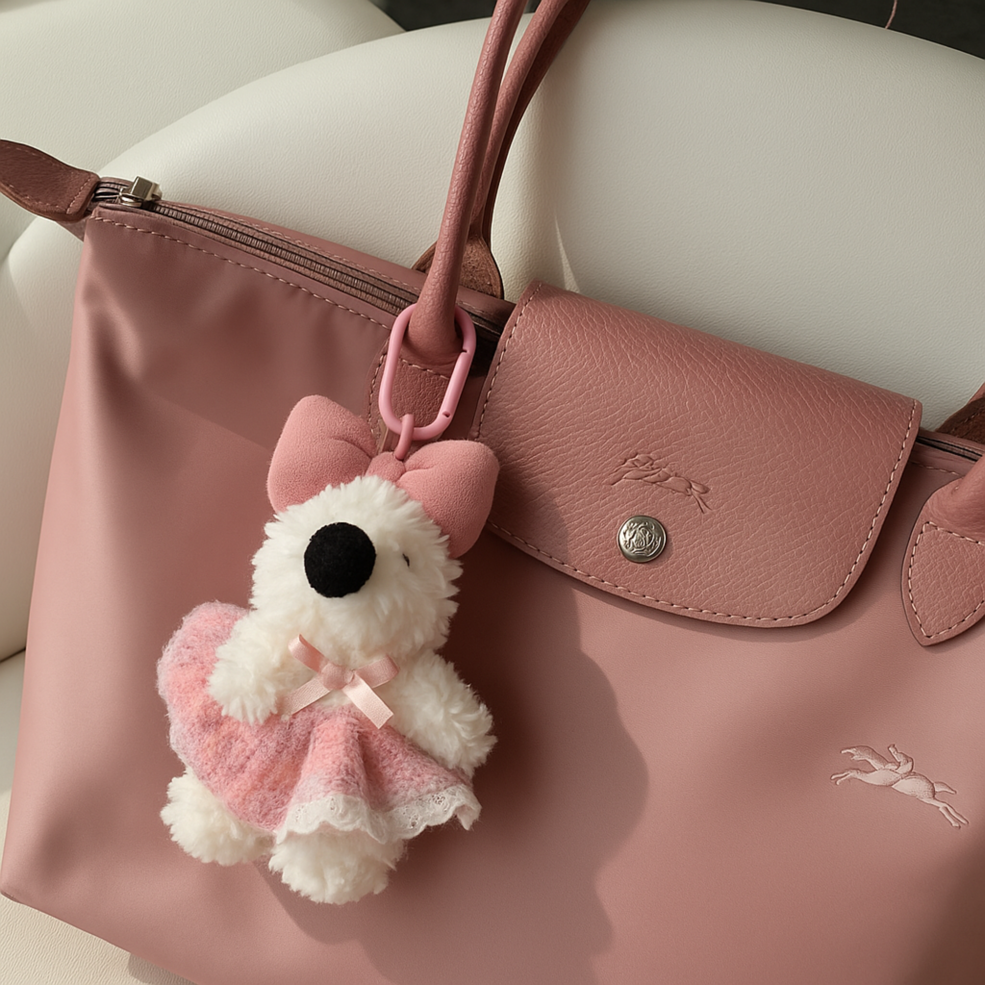 Pink Dress and Bow Dog Plushie Keyring