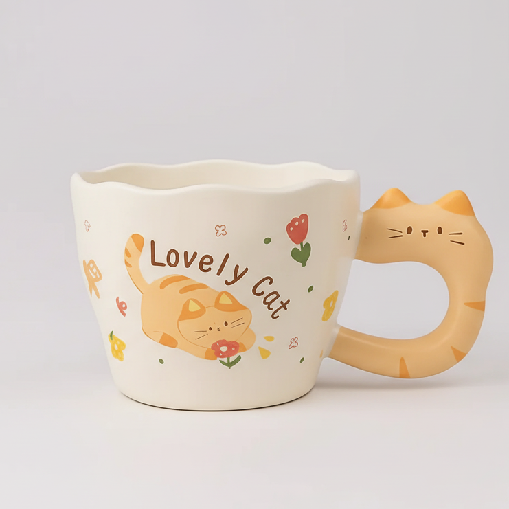 Lovely Cat Ceramic Mug with Cat Handle