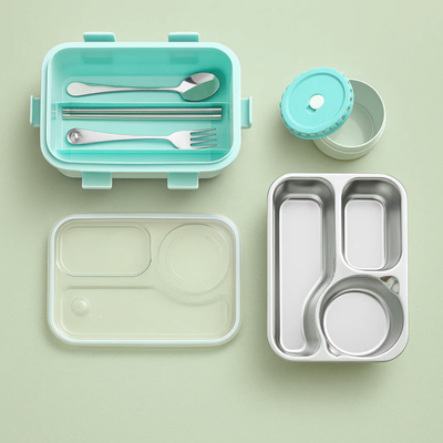 Korean Bento Box 3 Grid with Soup Bowl - Green