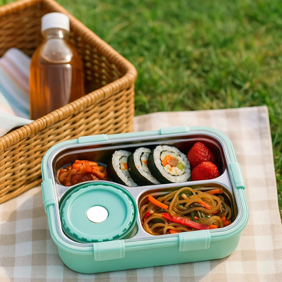 Korean Bento Box 3 Grid with Soup Bowl - Green