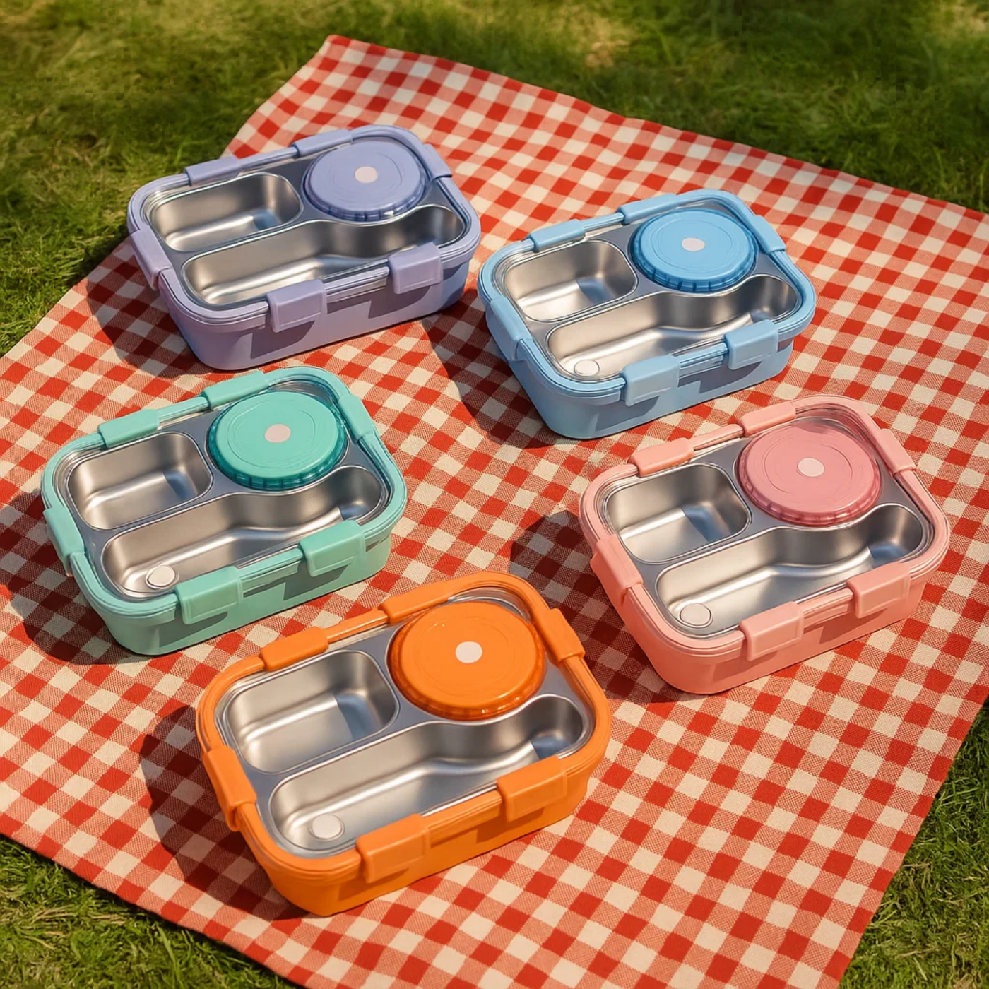 Korean Bento Box 3 Grid with Soup Bowl - Green