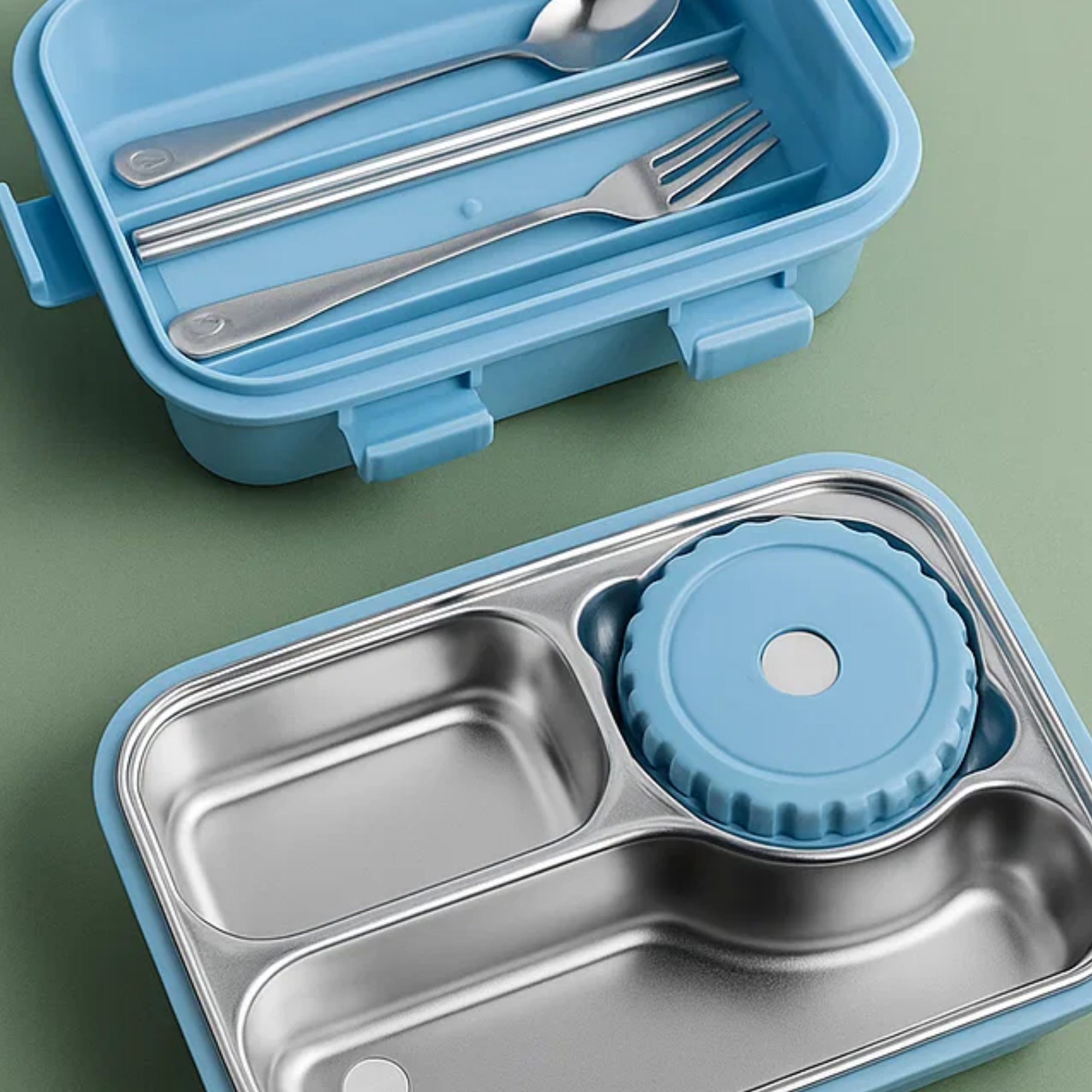 Korean Bento Box 3 Grid with Soup Bowl - Blue