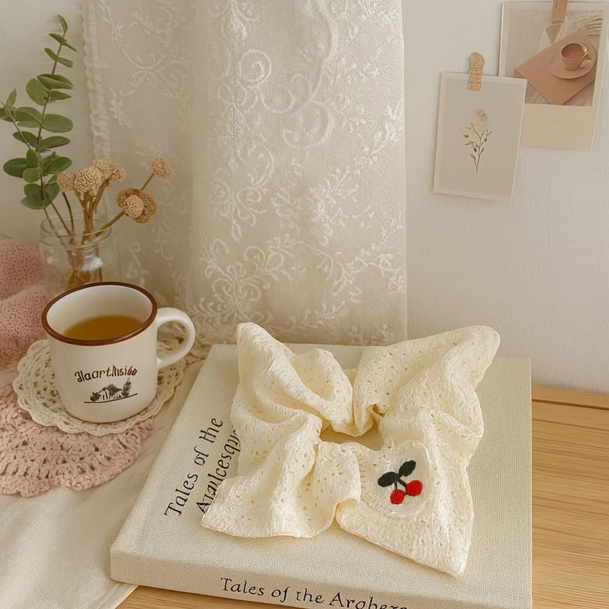 Square Cherry Embroidery Scrunchie