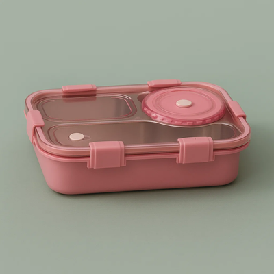 Korean Bento Box 3 Grid with Soup Bowl - Pink