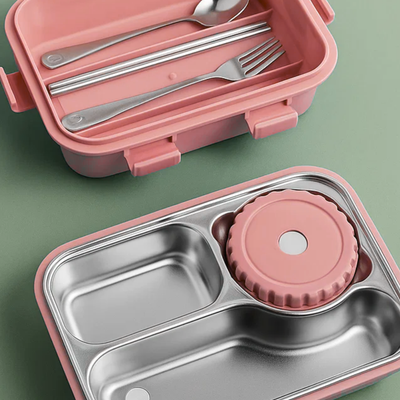 Korean Bento Box 3 Grid with Soup Bowl - Pink