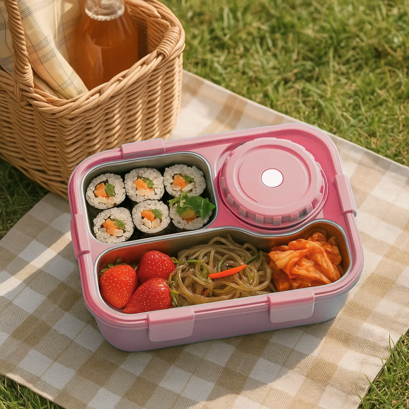 Korean Bento Box 3 Grid with Soup Bowl - Pink