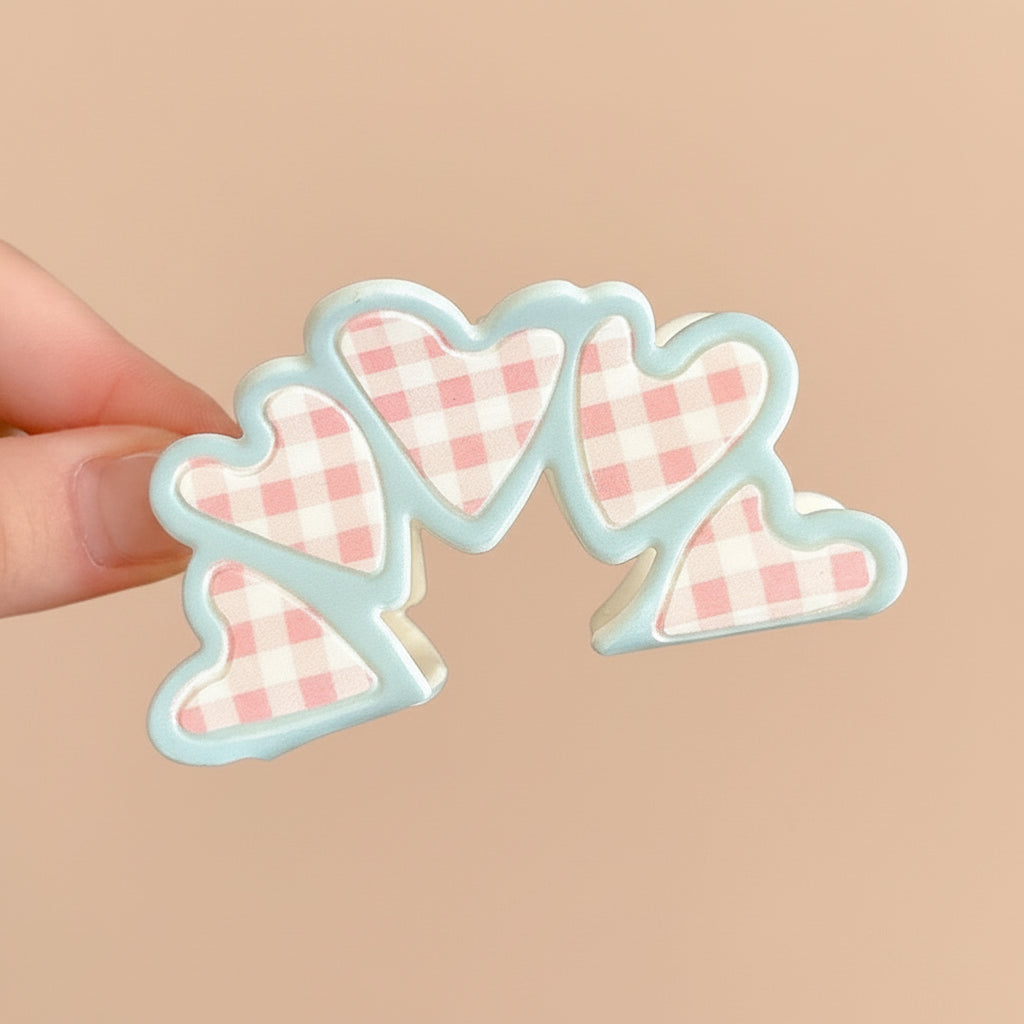 Gingham Hearts With Blue Lining Claw Clip