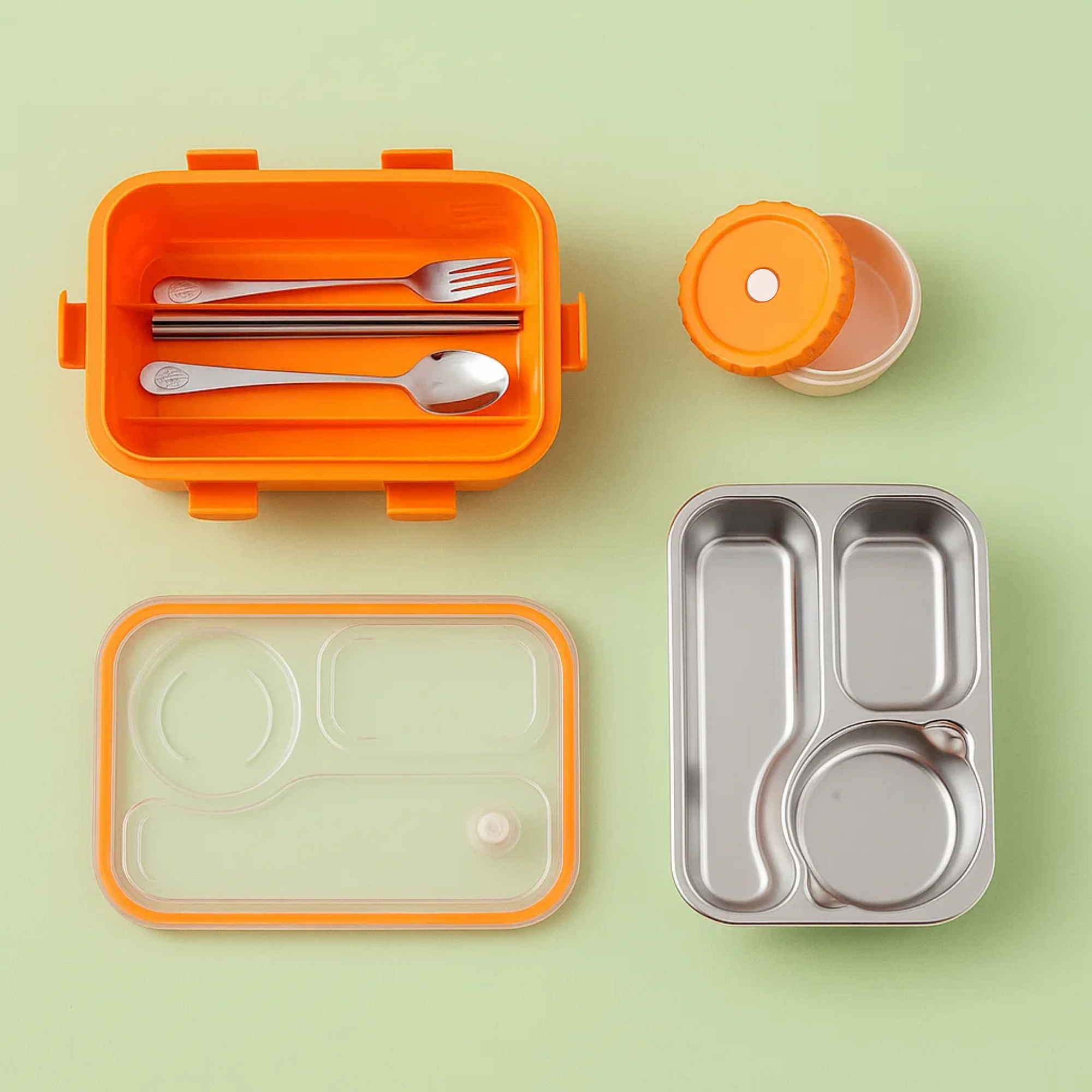 Korean Bento Box 3 Grid with Soup Bowl - Orange