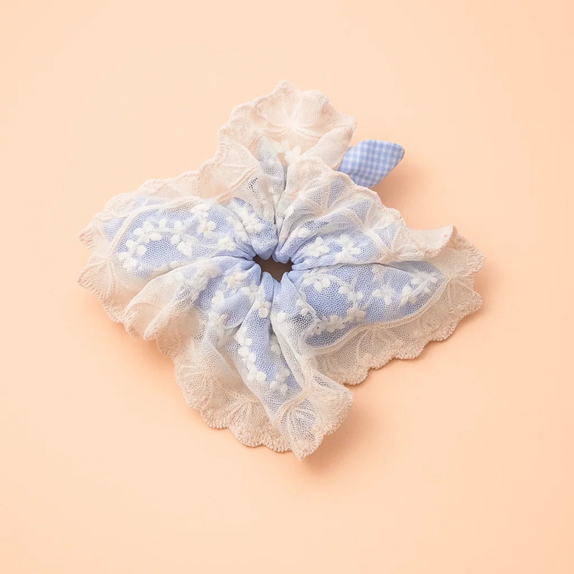 Blue with White Lace Square Scrunchie