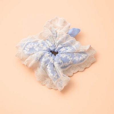 Blue with White Lace Square Scrunchie