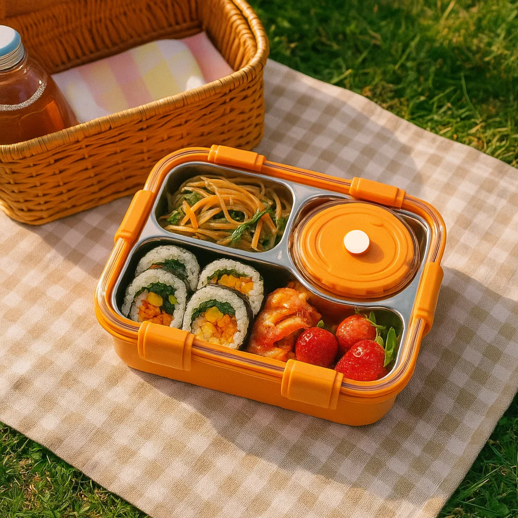 Korean Bento Box 3 Grid with Soup Bowl - Orange