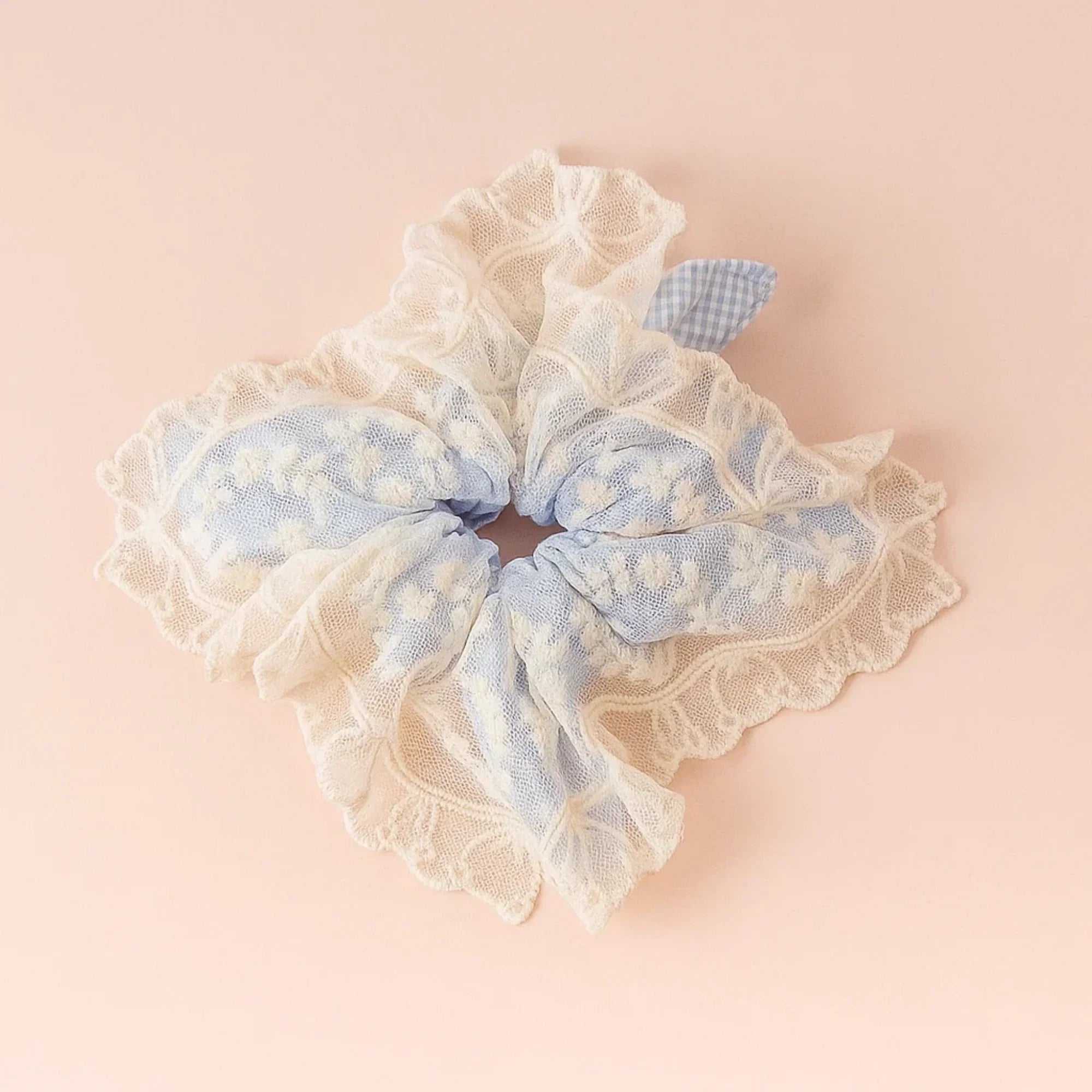 Blue with White Lace Square Scrunchie