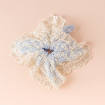 Blue with White Lace Square Scrunchie