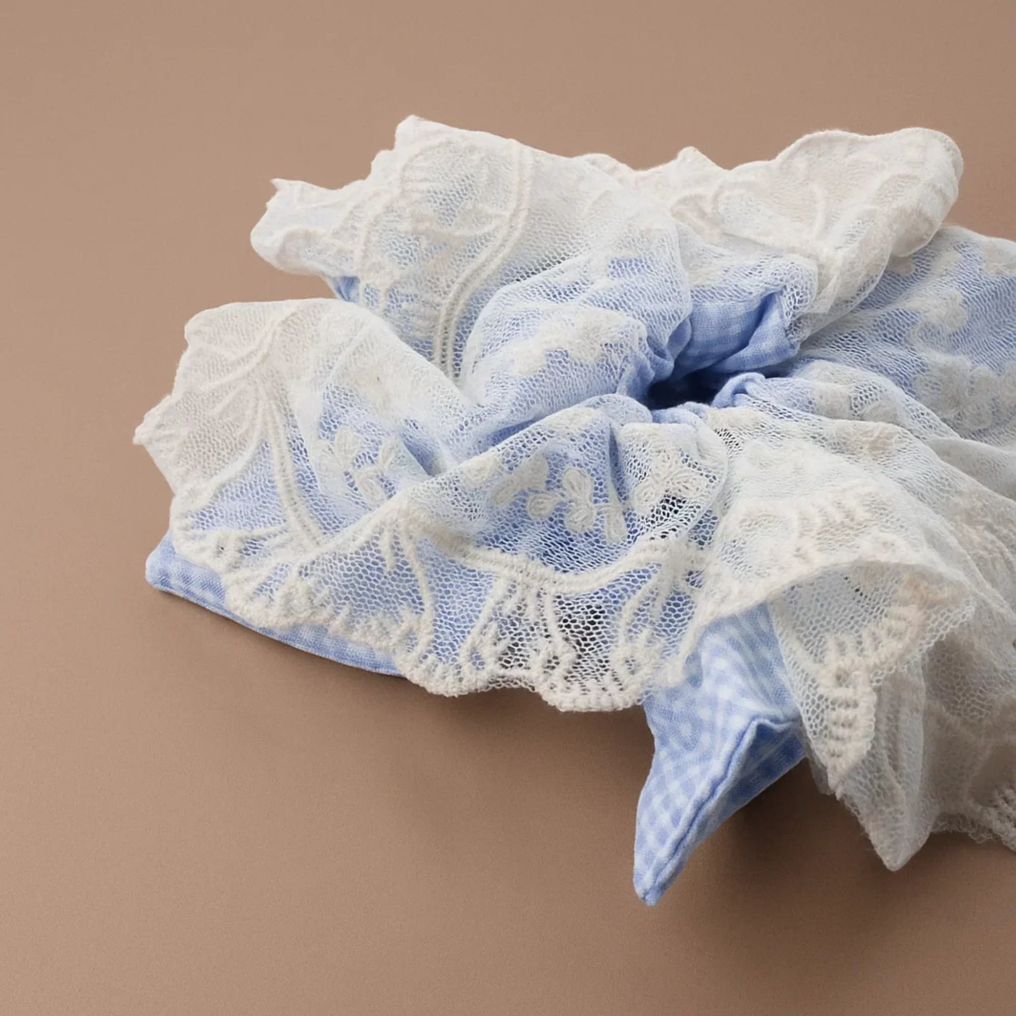 Blue with White Lace Square Scrunchie