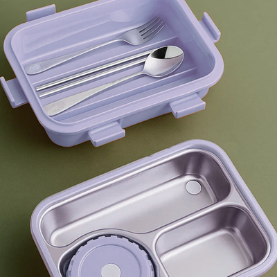 Korean Bento Box 3 Grid with Soup Bowl - Purple