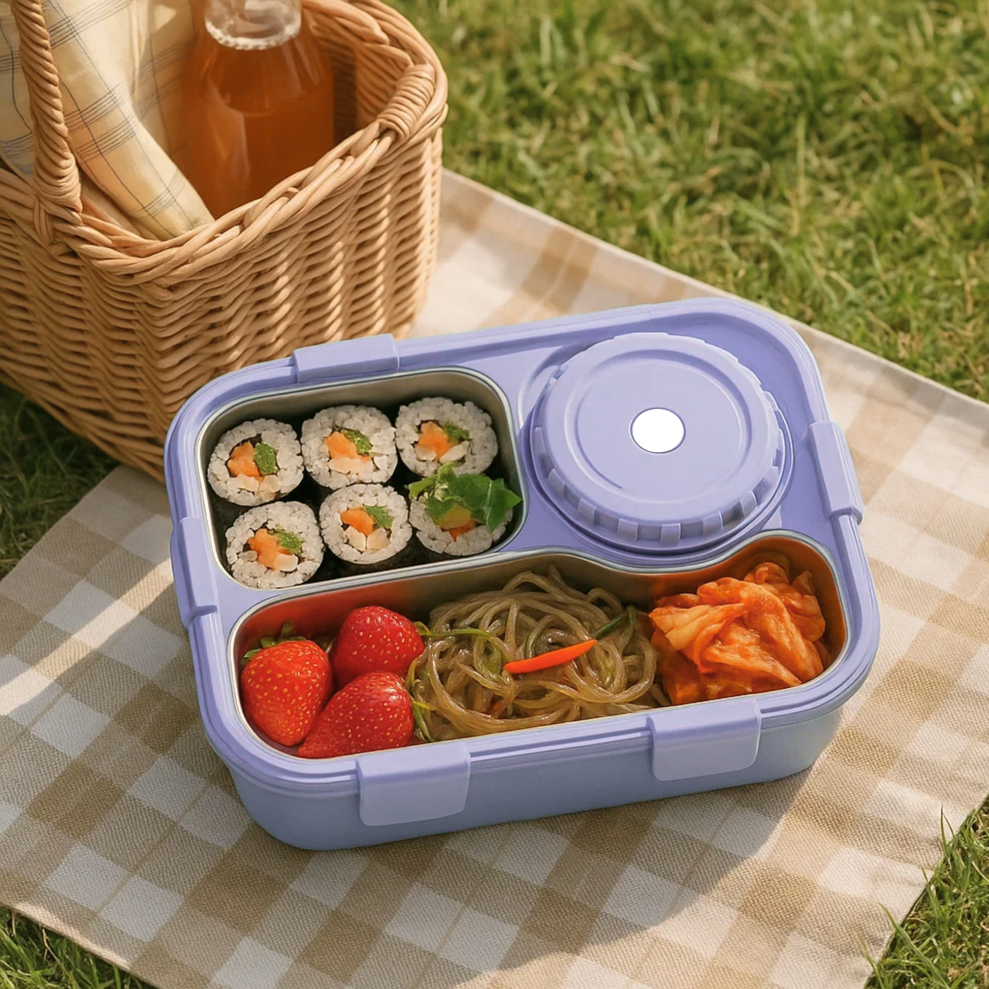 Korean Bento Box 3 Grid with Soup Bowl - Purple