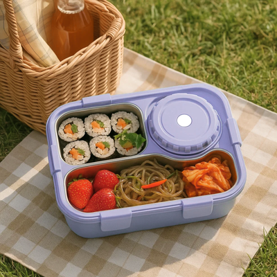 Korean Bento Box 3 Grid with Soup Bowl - Purple