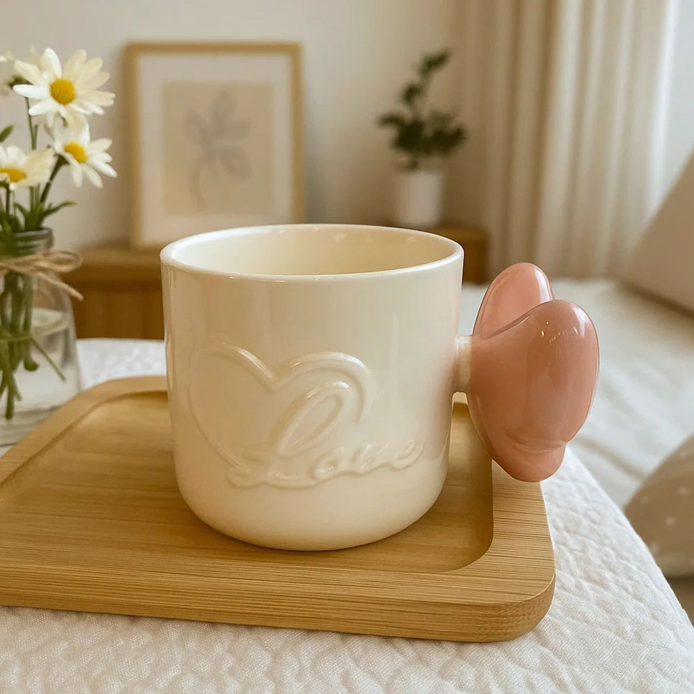 Glossy Ceramic Mug with Pink butterfly handle (bow coffee mug)