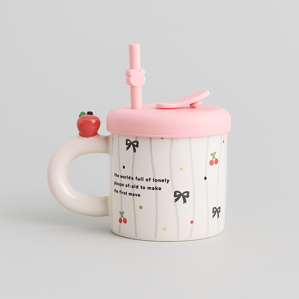 Black Cat Ceramic Mug with Straw