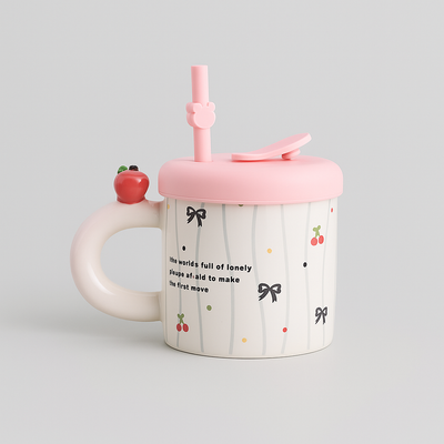 Black Cat Ceramic Mug with Straw