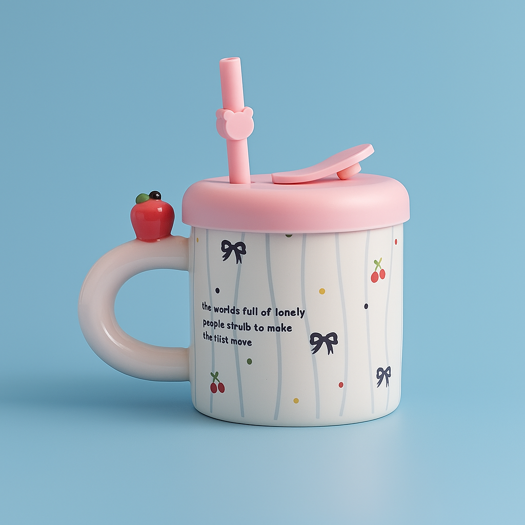 Black Cat Ceramic Mug with Straw