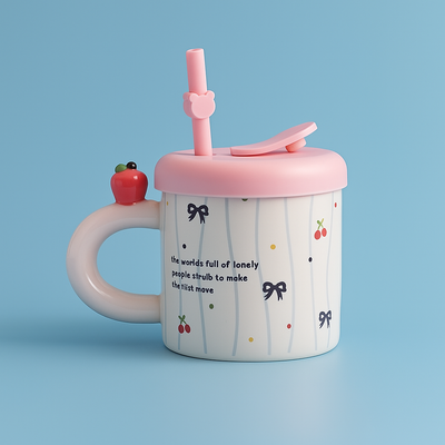 Black Cat Ceramic Mug with Straw