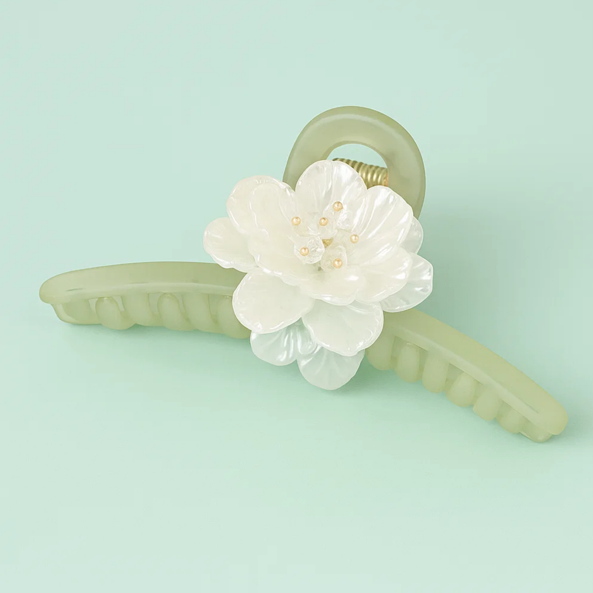 Olive Clawclip with White Flower