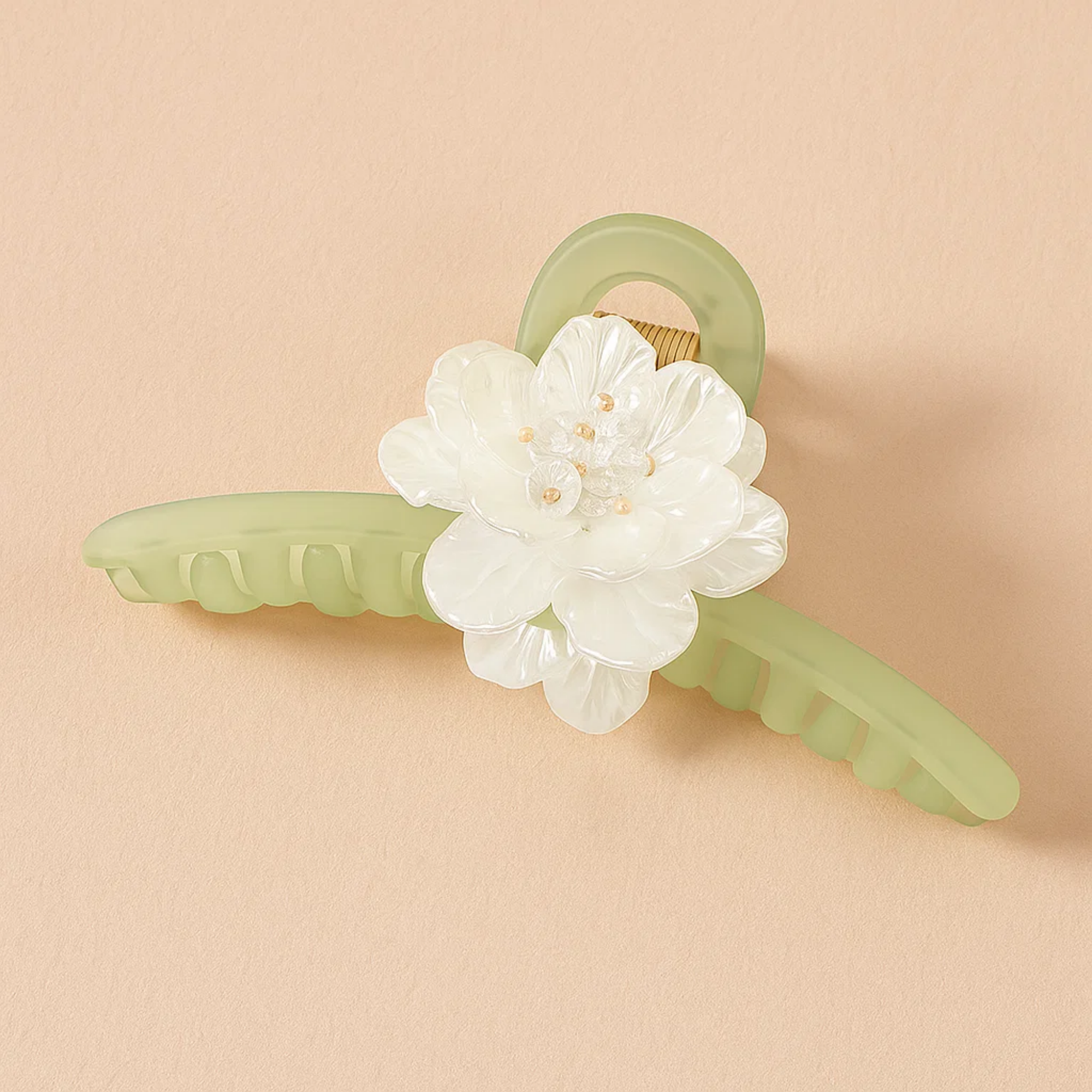 Olive Clawclip with White Flower