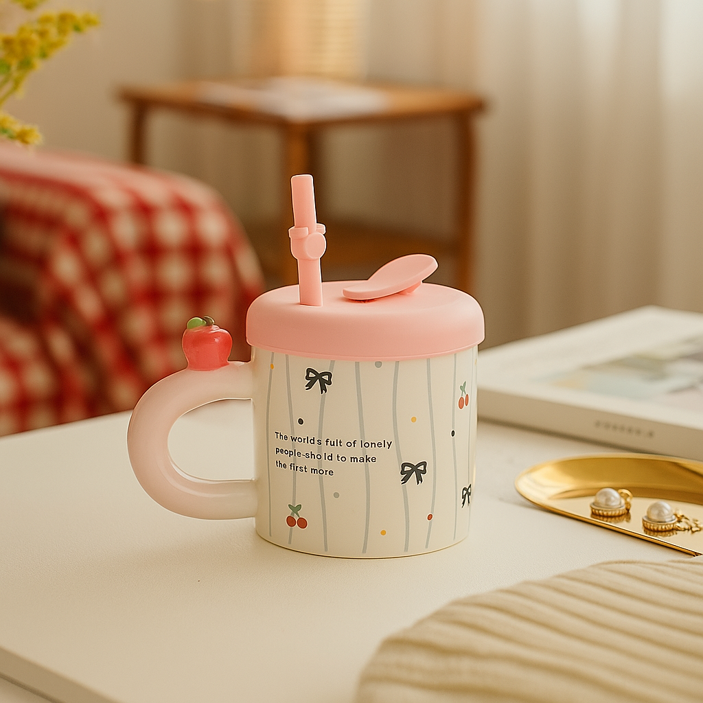 Black Cat Ceramic Mug with Straw