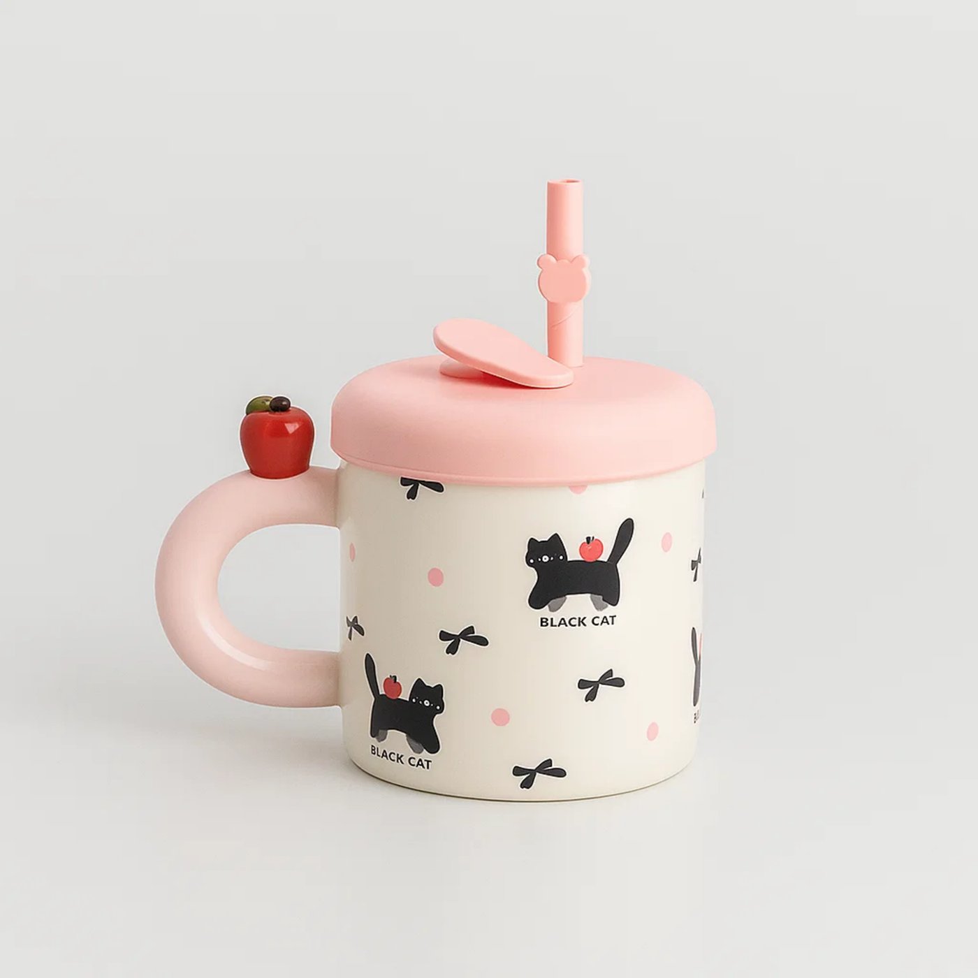 Cat & Bow Ceramic Mug with Straw