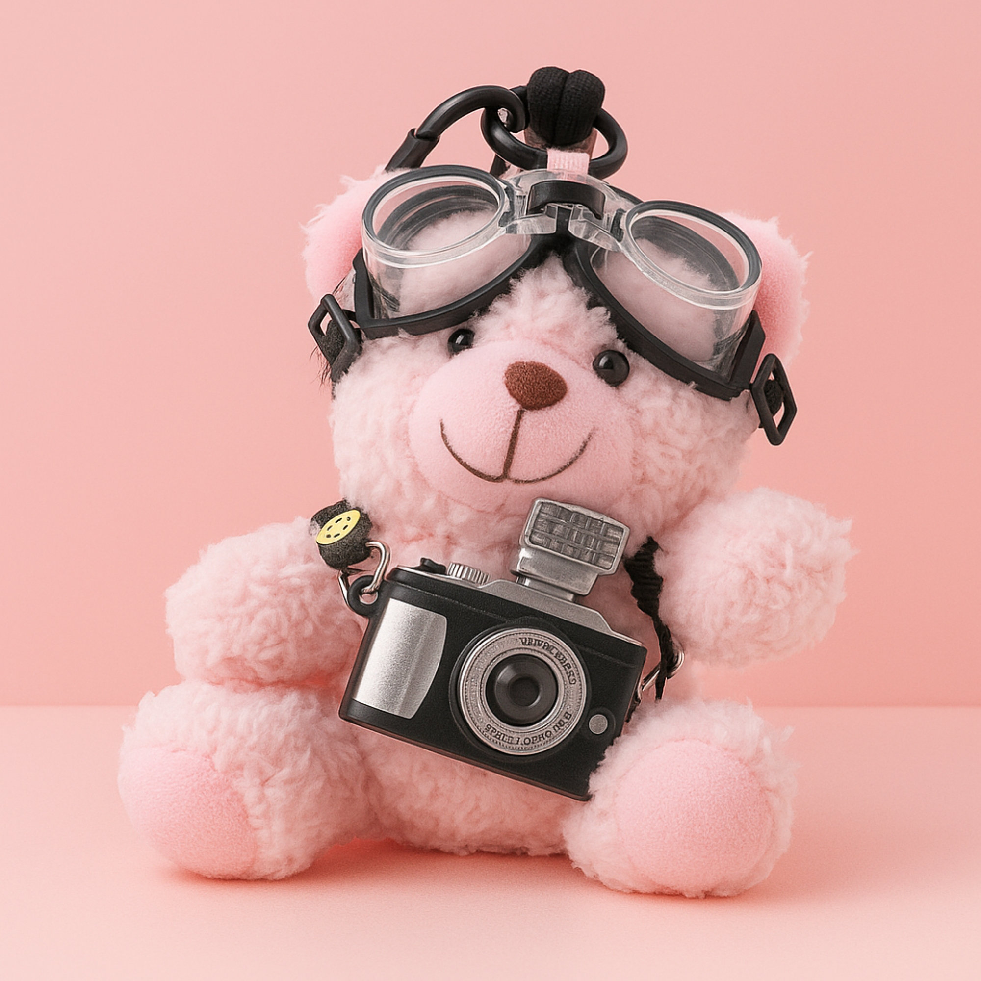 Goggles and Camera Teddy Pink Plushie Keyring