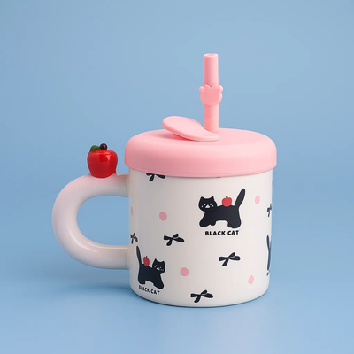 Cat & Bow Ceramic Mug with Straw