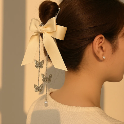 White Ribbon Claw Clip with Butterfly Tassel