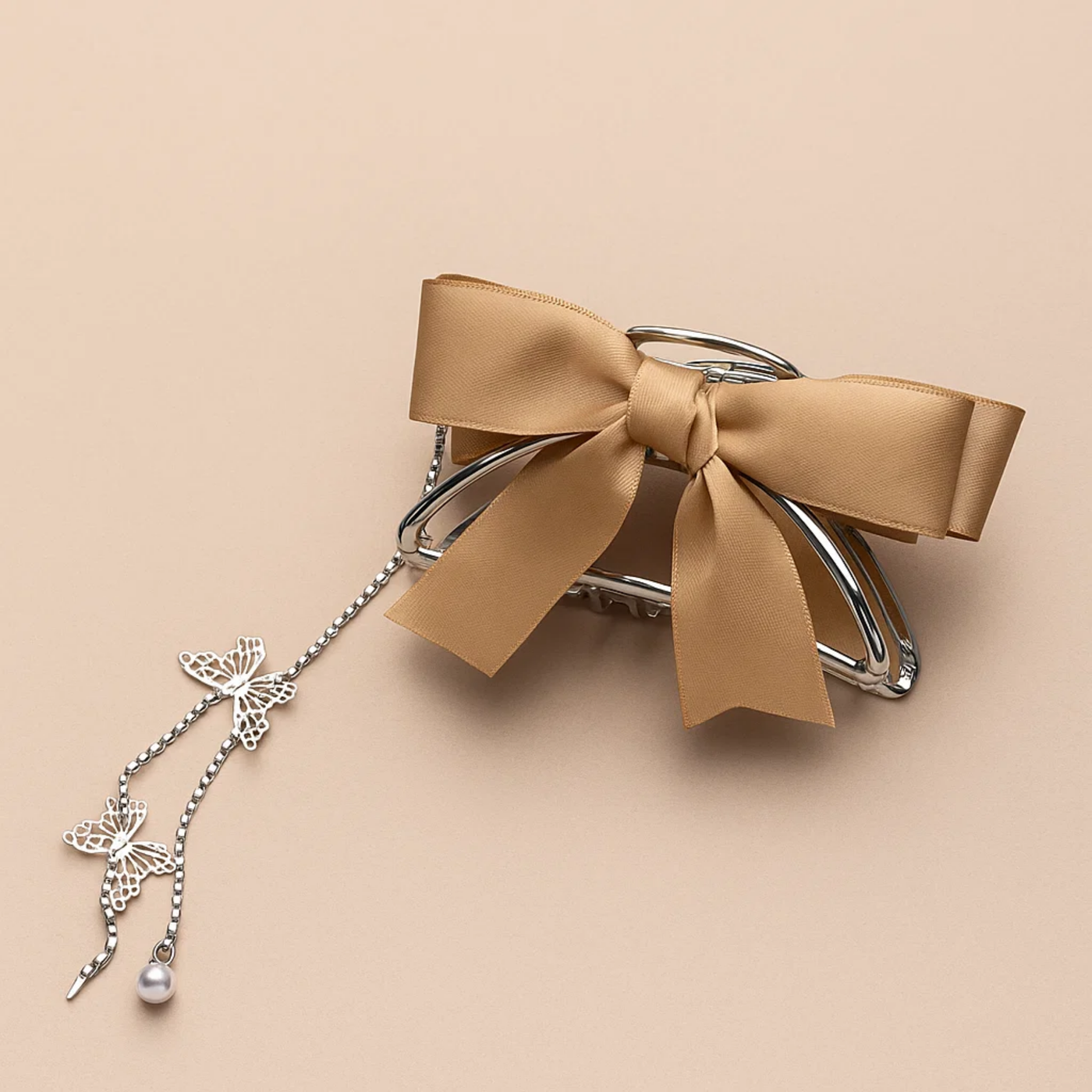 Brown Ribbon Claw Clip with Butterfly Tassel