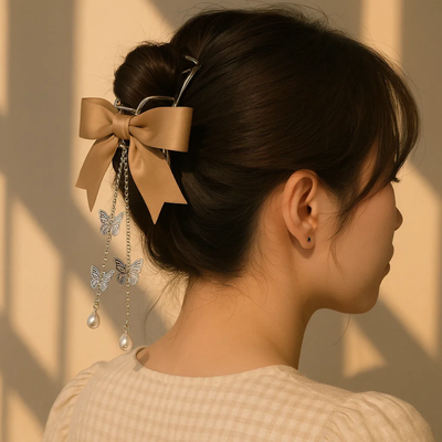Brown Ribbon Claw Clip with Butterfly Tassel