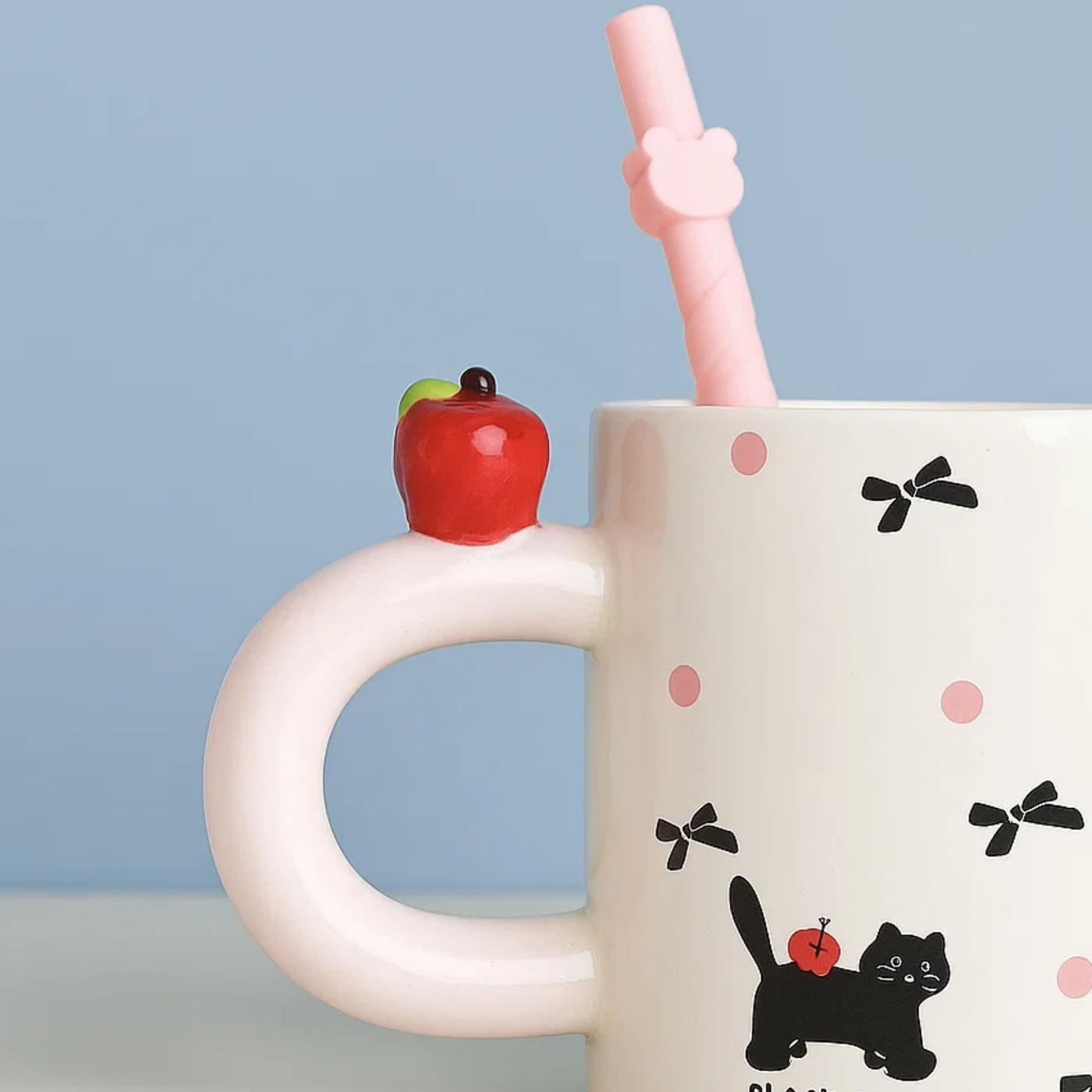 Cat & Bow Ceramic Mug with Straw