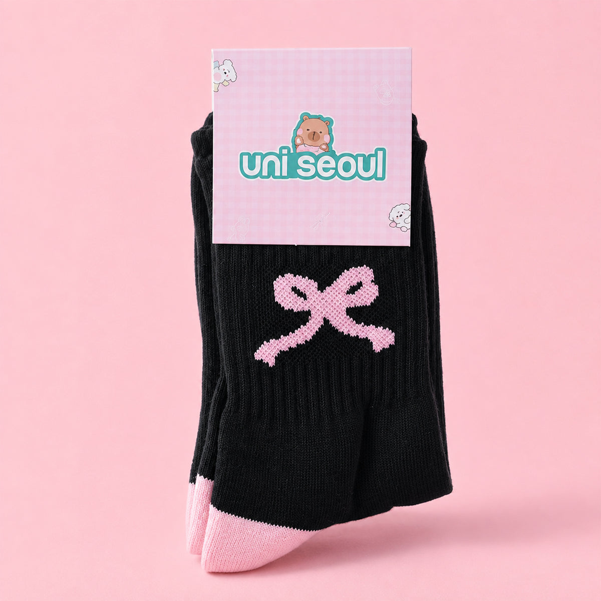 Pink Bow Crew Socks - Black